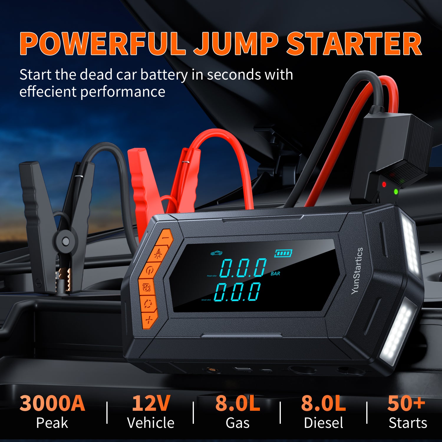 Yunstartics HW03 – 4.000A - Instantly jump-starts 12V vehicles (up to 10L gas/7.5L diesel)